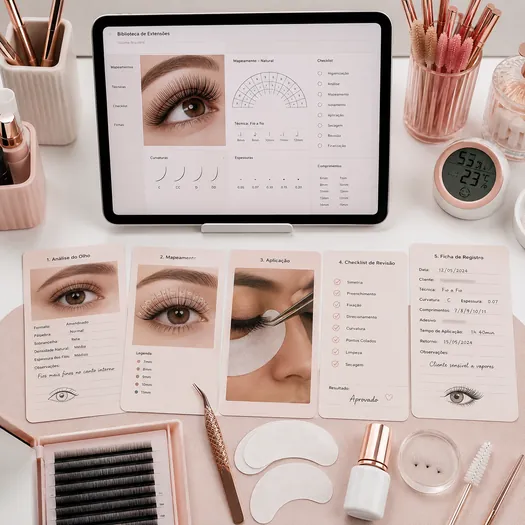 Mesa profesional lash con tablet, pinzas, pestañas y checklist
