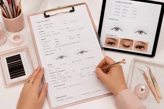 Manos de una profesional llenando ficha Lash con tablet al lado